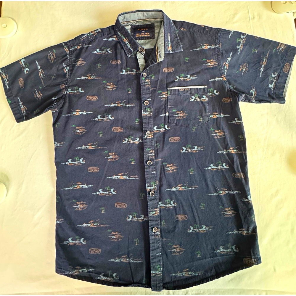 NOMAD Mens S Navy Tropical Graphic Print Cotton Woven Button-Up Pockets